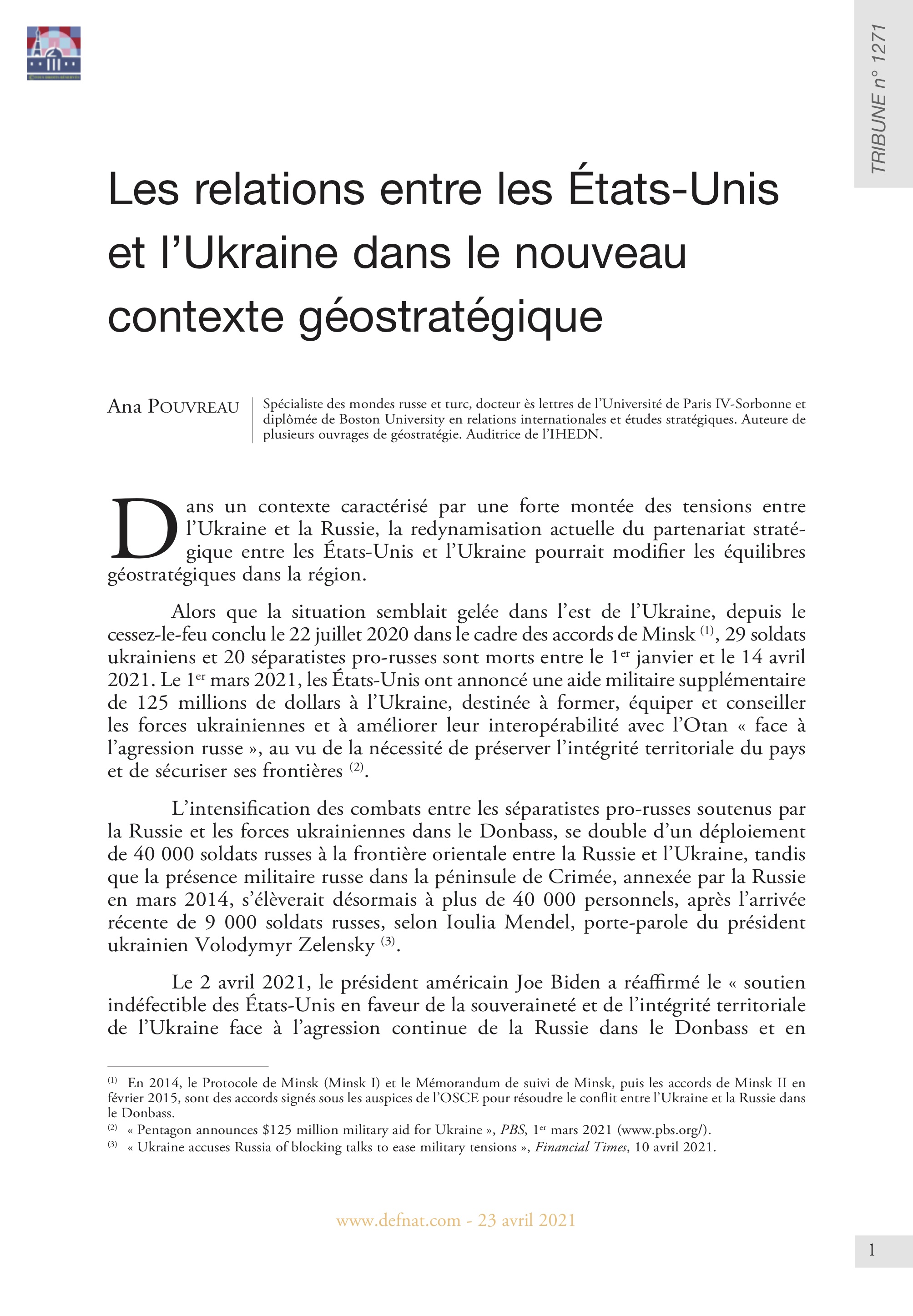 Les relations entre les États-Unis et l’Ukraine dans le nouveau contexte géostratégique (T 1271)
